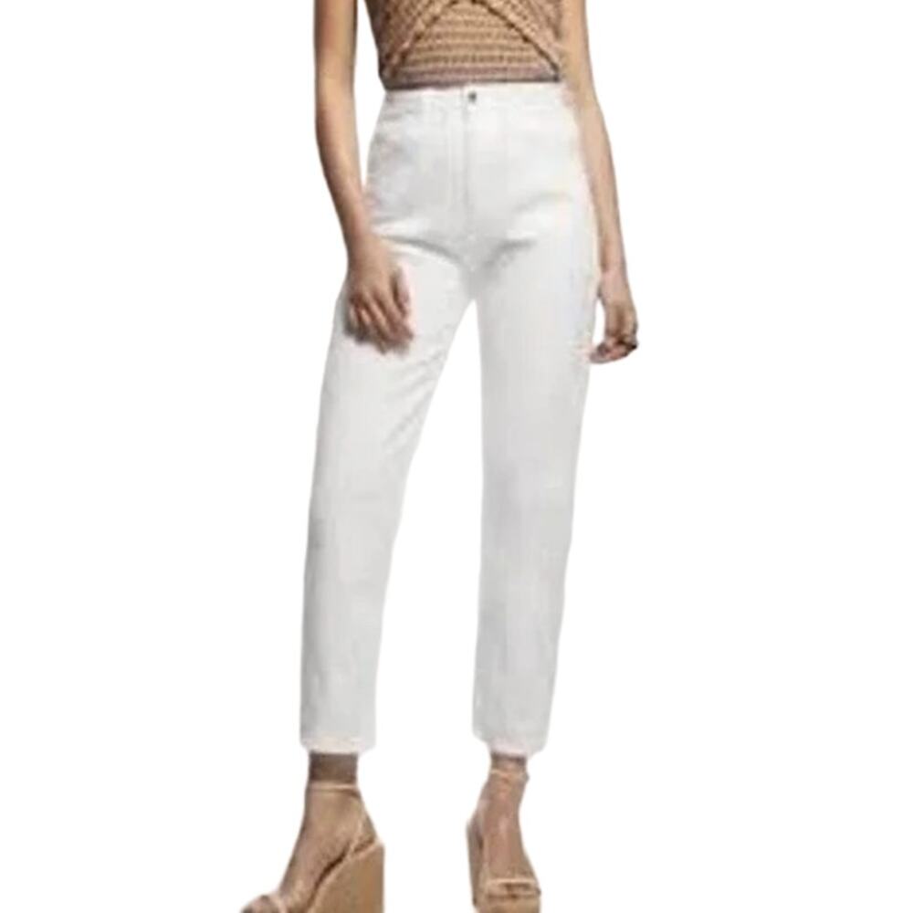 NWT ZARA Mom Fit High Rise Jeans in White Tapered leg Raw hem Rigid denim SZ 8
